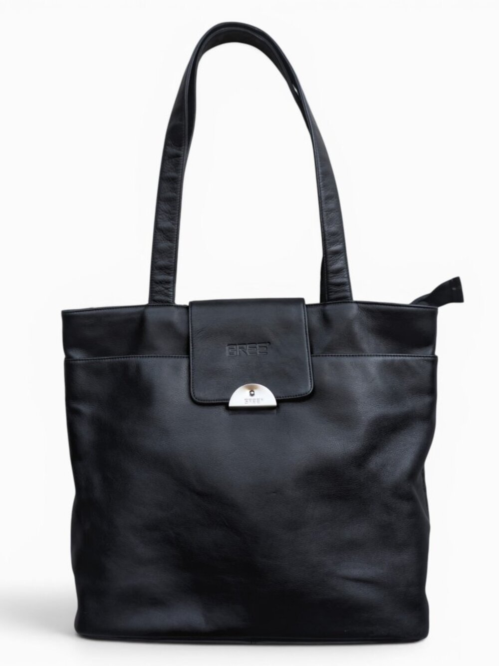 BREE Black Leather Tote Shoulder Bag, Silver Hardware, 17" x 14" x 2"